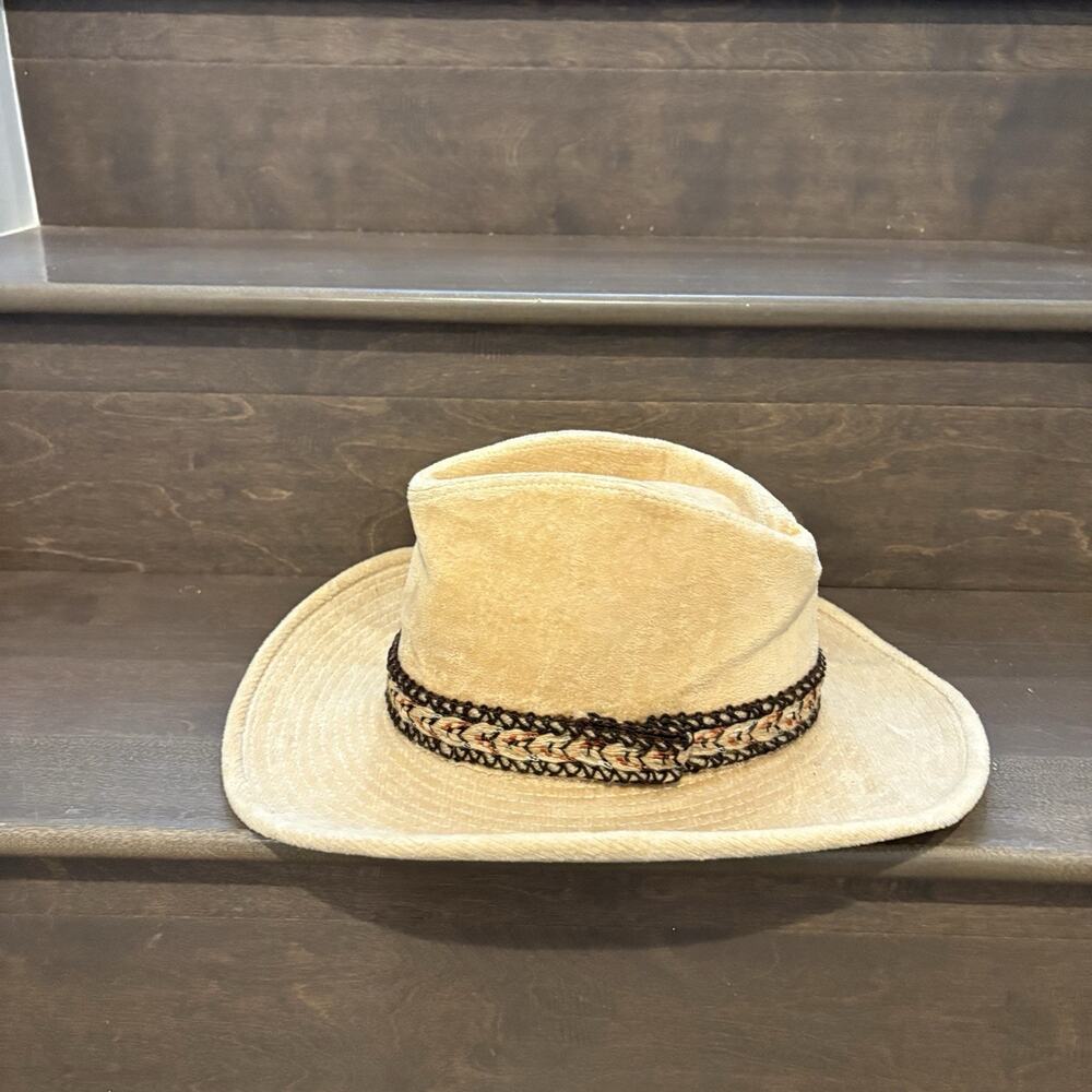 Vintage YA Longhorn Cowboy Hat Men Med‎ Tan Velour Woven Band Size 7 1/4 Western